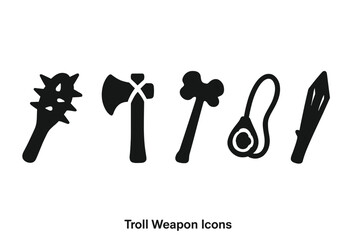 Troll weapon icon set. Fantasy RPG game assets. Orc and goblin weapons. Spiked club, giant axe, bone hammer, rock sling, log spear. Vector silhouette glyph pictogram.
