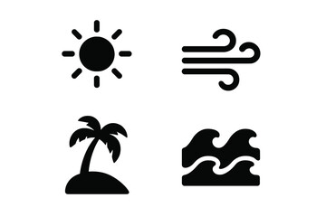 Tropical weather solid glyph icon set. Beach vacation & travel symbols. Vector pictograms of sun, wind, ocean wave, and palm tree on island for climate forecast or summer design.