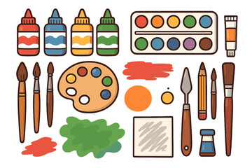 Vector set of art supplies. Cartoon illustration of painting tools, paint brushes, watercolor palette, acrylic paint bottles. Creative hobby, craft and education concept flat icons.