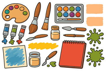 Art supplies collection for painting and drawing. Artist tools set with brushes, paints, palette, sketchbook. Vector cartoon illustration for creative hobby, workshop or school.