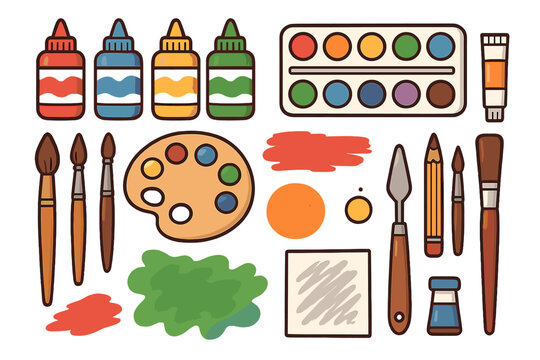Vector set of art supplies. Cartoon illustration of painting tools, paint brushes, watercolor palette, acrylic paint bottles. Creative hobby, craft and education concept flat icons.
