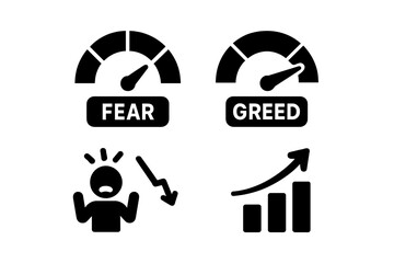 Market sentiment fear and greed index icons. Investor psychology concept with panic sell and rally symbols. Stock trading emotions. Vector gauge, meter, and chart elements.