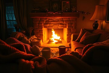 A cozy living room with glowing fire, hot cocoa, and blankets