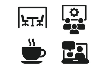 Meeting & conference icon set. Solid glyph pictograms for business presentation, office room, virtual collaboration, webinar & coffee break. Corporate communication symbols.