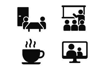 Business meeting vector icon set. Solid glyph symbols for conference room, presentation, virtual call, and coffee break. Corporate teamwork, training, online seminar pictogram.