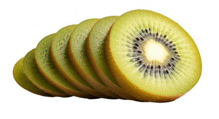 Golden kiwi slices stacked artistically revealing exotic tropical fruit texture close up