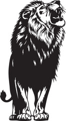 A black and white illustration of a roaring lion standing on a plain background.