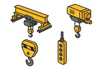 Overhead crane isometric icon set. Industrial lifting equipment elements: bridge girder, hoist trolley, hook block, and control pendant. Flat vector for factory warehouse.