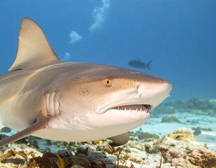 Naklejka premium A close-up, detailed view of a large gray shark with open mouth, swimming in clear ocean water above a sandy ocean floor.