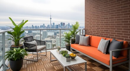 Fototapeta premium Balcony with city view and orange sofa and plants with brick wall and modern furniture