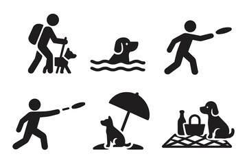 Pet activity solid icon set. Man with dog hiking, swimming, playing frisbee and fetch. Dog on a beach picnic. Outdoor leisure with pet symbol. Vector illustration.
