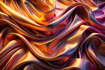 Obraz premium Closeup of flowing, iridescent fabric with a metallic sheen, showcasing a gradient of warm orange, gold, and purple hues in its luxurious folds and textures