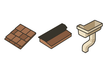 Isometric Flat Roofing Icon Set with Asphalt Shingle, Roof Ridge Vent, and Gutter Downspout, Construction and Home Exterior Elements Vector Illustration, Transparent Background