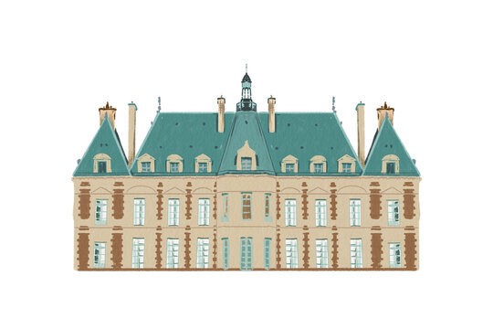 parc de sceaux hidden pasis castle in the form of a house vintage hand drawn on transparent background.