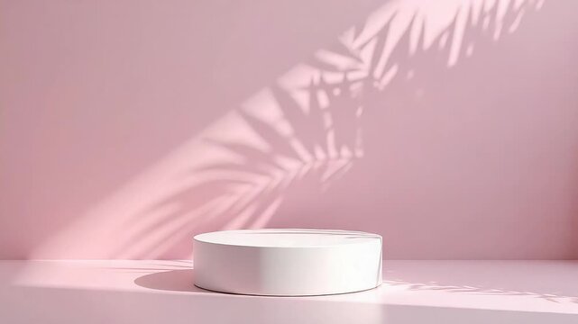 Soft pink background with white pedestal and palm leaf shadow