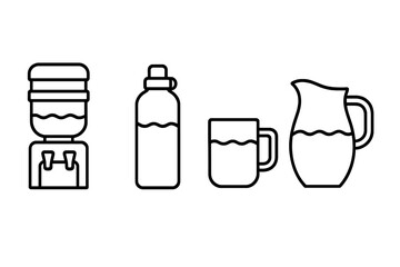 Workplace hydration icons set with outline style. Vector illustration of office water cooler, desk water bottle, glass mug, communal water jug in minimal design on transparent background.