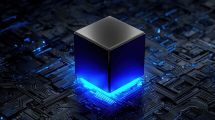 Futuristic Black Cube with Blue Glowing Light on Circuit Board Background