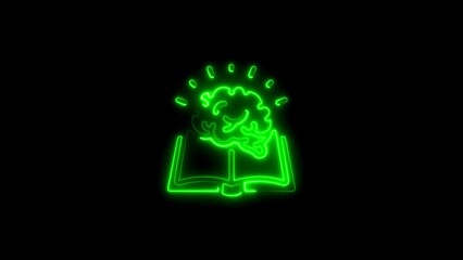 Glowing green neon brain and book illuminated on a black background depicting knowledge