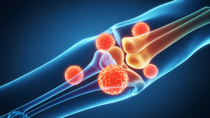 professional 3d visualization of autoimmune disease attacking the knee joint with immune cells inflammation cartilage erosion and bone damage for medical rheumatology education