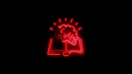 Glowing red neon brain and book concept representing learning and knowledge