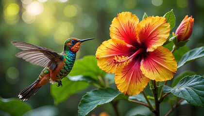 Fototapeta premium Vibrant Hummingbird in Flight Near a Colorful Hibiscus Flower. Tropical bird with iridescent feathers feeding on nectar in a lush garden.