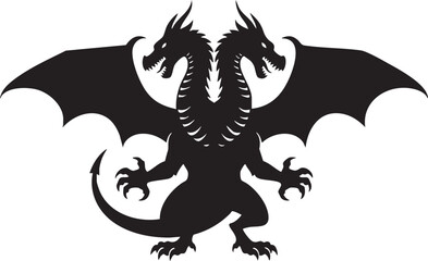Black silhouette of a two-headed dragon with wings spread wide on a white background