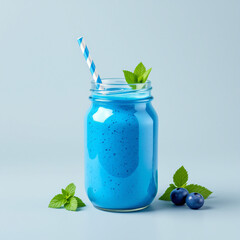 Blueberry smoothie in mason jar with straw, fruity tropical shake, organic vegan blend, healthy detox beverage, refreshing summer drink, isolated white background