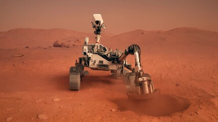 Robotic rover with articulated arm collecting soil sample on rocky martian landscape. Sophisticated scientific instrument moves across rust-colored terrain, creating dust cloud during exploration - Powered by Adobe