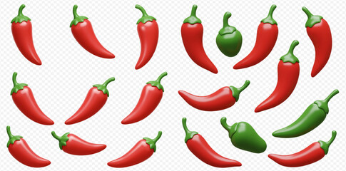 Collection of red and green chili peppers, arranged in a scattered pattern on a white background.