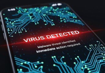 Smartphone Virus Detection Warning, Red Alert Message, Circuit Board Background