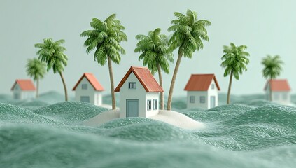 Miniature houses and palm trees rest on small islands amid a gentle, teal-hued, wavy landscape.