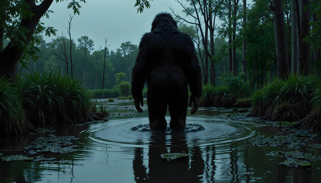 Mysteriously looming Bigfoot wading through a misty forest swamp, creating ripples in dark water, eerie atmosphere, folklore creature.