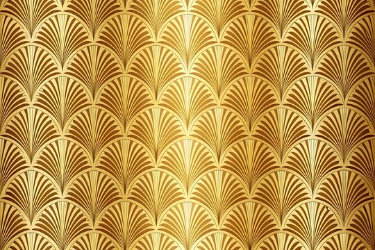 Fototapeta An intricate and luxurious golden art deco pattern with repeating fanshaped motifs, creating a rich and elegant textured background for sophisticated designs