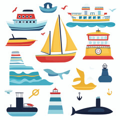 Clipart set featuring boats, ferries and coastal elements in flat bold naive childlike shapes, ideal for worksheets, flashcards, preschool learning activities and classroom materials