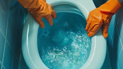 Hands wearing orange gloves clean the toilet using chemical agents. Relevant for publications on household cleaning, hygiene, sanitary standards, and the use of protective equipment during cleaning.
