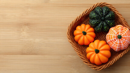 Halloween pumpkin still life with orange and green gourds in wicker basket on wooden surface creating warm festive mood