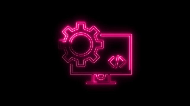 Glowing Neon Gear Icon on Computer Screen with Code Brackets Isolated on Black Background Digital