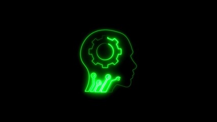 Neon green brain with gear inside symbolic of artificial intelligence and technology