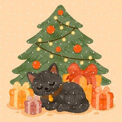  Cute Christmas Cat Sleeping Under Tree – Festive Holiday Illustration png