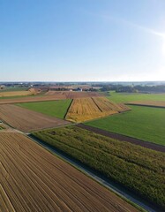 A high-angle view of a patchwork of agricultural fields, showcasing various colors and textures under a clear, sunny sky.