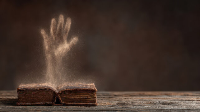 Magical halloween still life scene with old book and glowing hand rising from its pages creating mysterious and eerie atmosphere