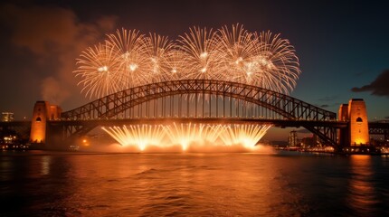 Naklejka premium Stunning cascade of golden fireworks falling from bridge structure into harbor waters during midnight celebration