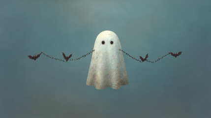 Still life Halloween scene features ghost chained to flying bats in moody atmosphere evoking eerie and mysterious feelings