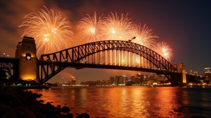Naklejka premium Stunning cascade of golden fireworks falling from bridge structure into harbor waters during midnight celebration
