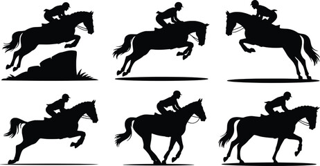 Equestrian sports silhouettes collection capturing horse jumping and riding actions in dynamic poses