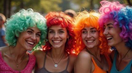 Cheerful people in vibrant rainbow wigs posing for photo during festive themed party with colorful costumes

