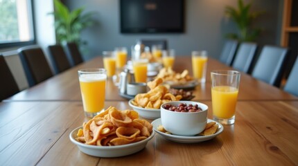 Contemporary office break room table with variety of healthy snacks, soft drinks and coffee for workplace team gathering

