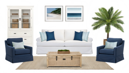 Coastal living room furniture arrangement isolated on transparent background