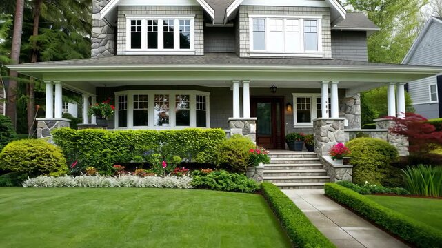 Discover a charming home showcasing meticulous landscaping and beautiful garden features under the bright sunlight