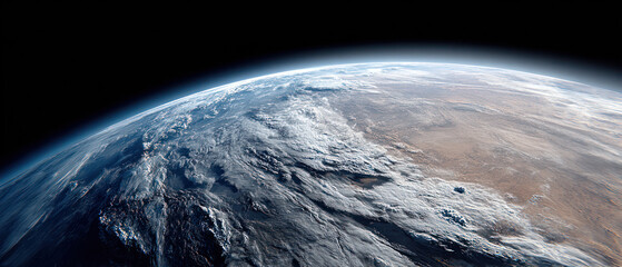 Earth is visible from space, displaying diverse land formations and swirling cloud patterns against a dark background